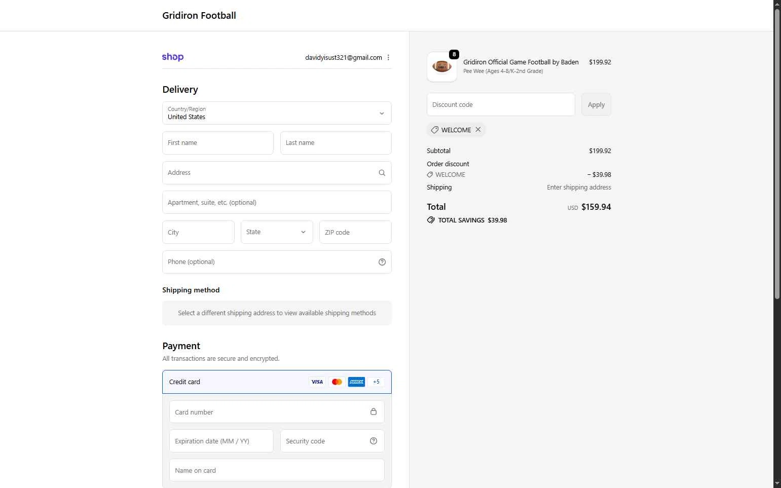 Gridironfb checkout page showing Gridironfb promo code box | Screenshot taken by SimplyCodes community member on Feb 12, 2026