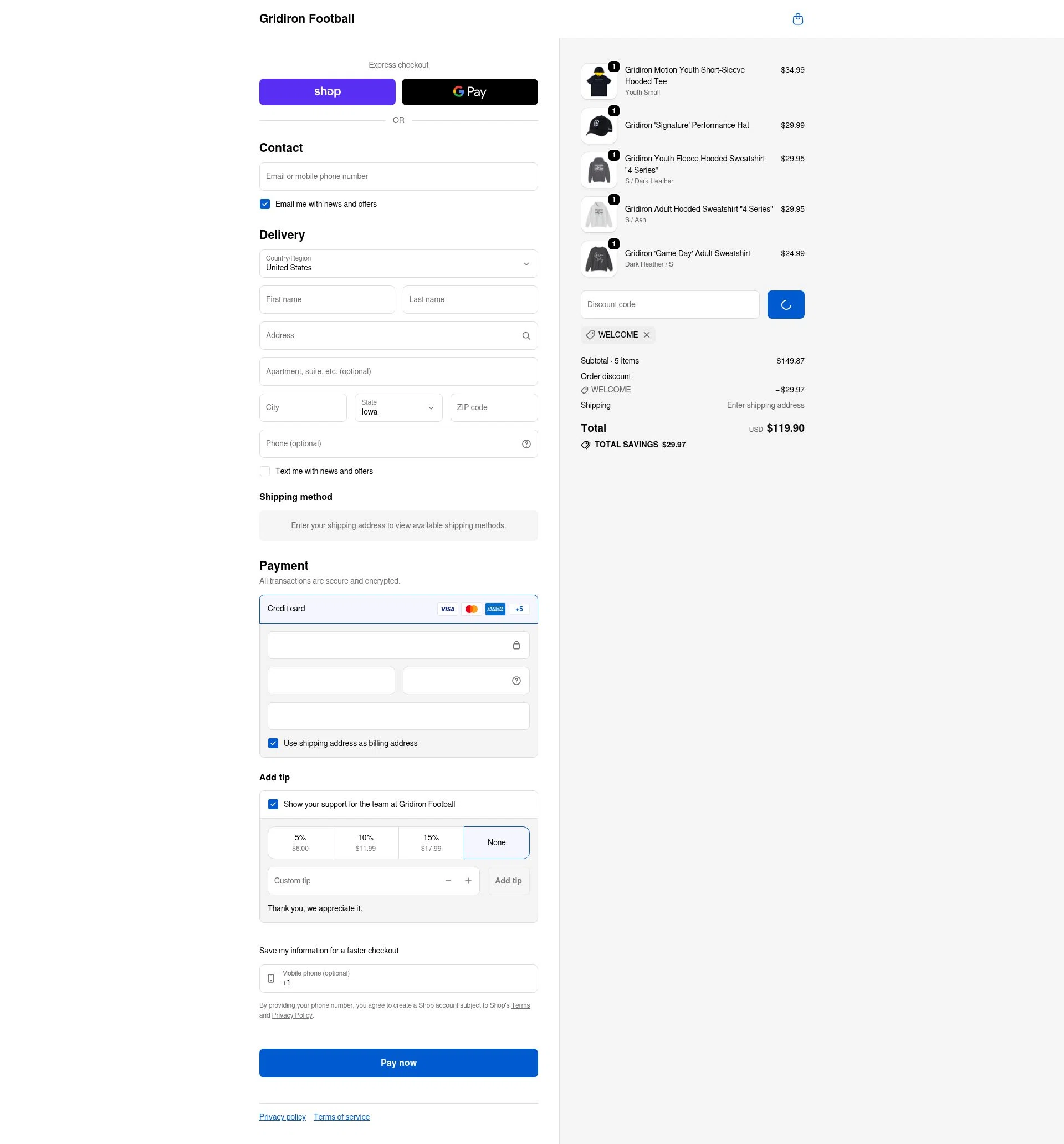 Gridironfb checkout page showing Gridironfb promo code box | Screenshot taken by SimplyCodes community member on Feb 7, 2026