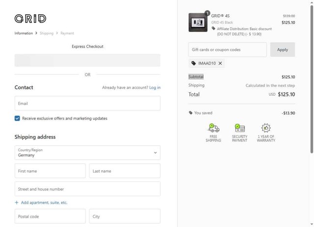 GRID Studio checkout page showing GRID Studio coupon code box | Screenshot taken by SimplyCodes community member on Aug 24, 2025
