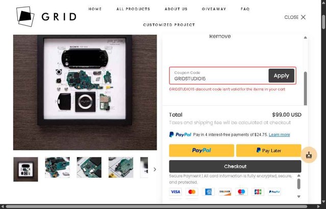 GRID Studio checkout page showing GRID Studio coupon code box | Screenshot taken by SimplyCodes community member on Aug 13, 2025