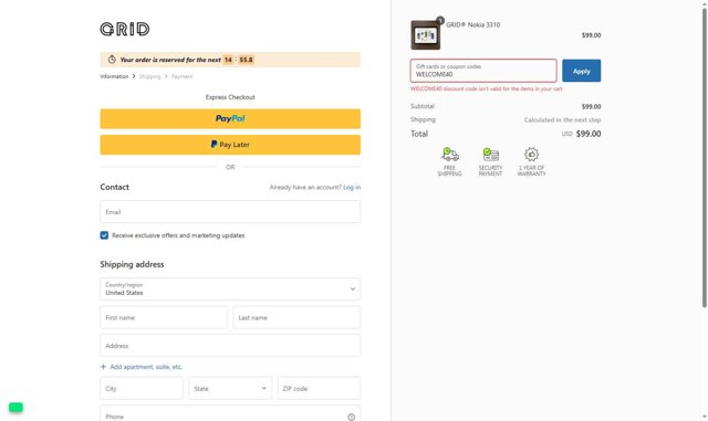 GRID Studio checkout page showing GRID Studio coupon code box | Screenshot taken by SimplyCodes community member on Aug 19, 2025
