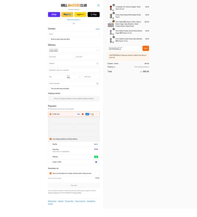 Grill Masters Club checkout page showing Grill Masters Club promo code box | Screenshot taken by SimplyCodes community member on Sep 8, 2025