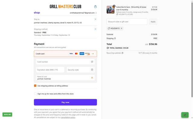 Grill Masters Club checkout page showing Grill Masters Club promo code box | Screenshot taken by SimplyCodes community member on Sep 8, 2025