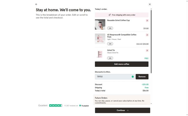 Grind checkout page showing Grind promo code box | Screenshot taken by SimplyCodes community member on Aug 15, 2025