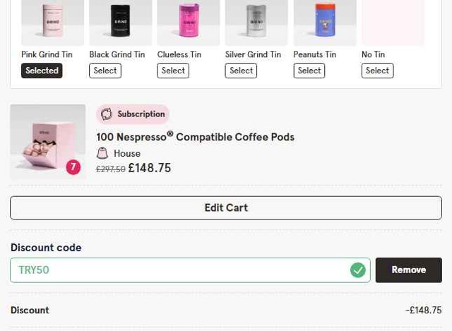Grind checkout page showing Grind promo code box | Screenshot taken by SimplyCodes community member on Aug 15, 2025