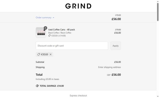 Grind checkout page showing Grind promo code box | Screenshot taken by SimplyCodes community member on Jun 6, 2025