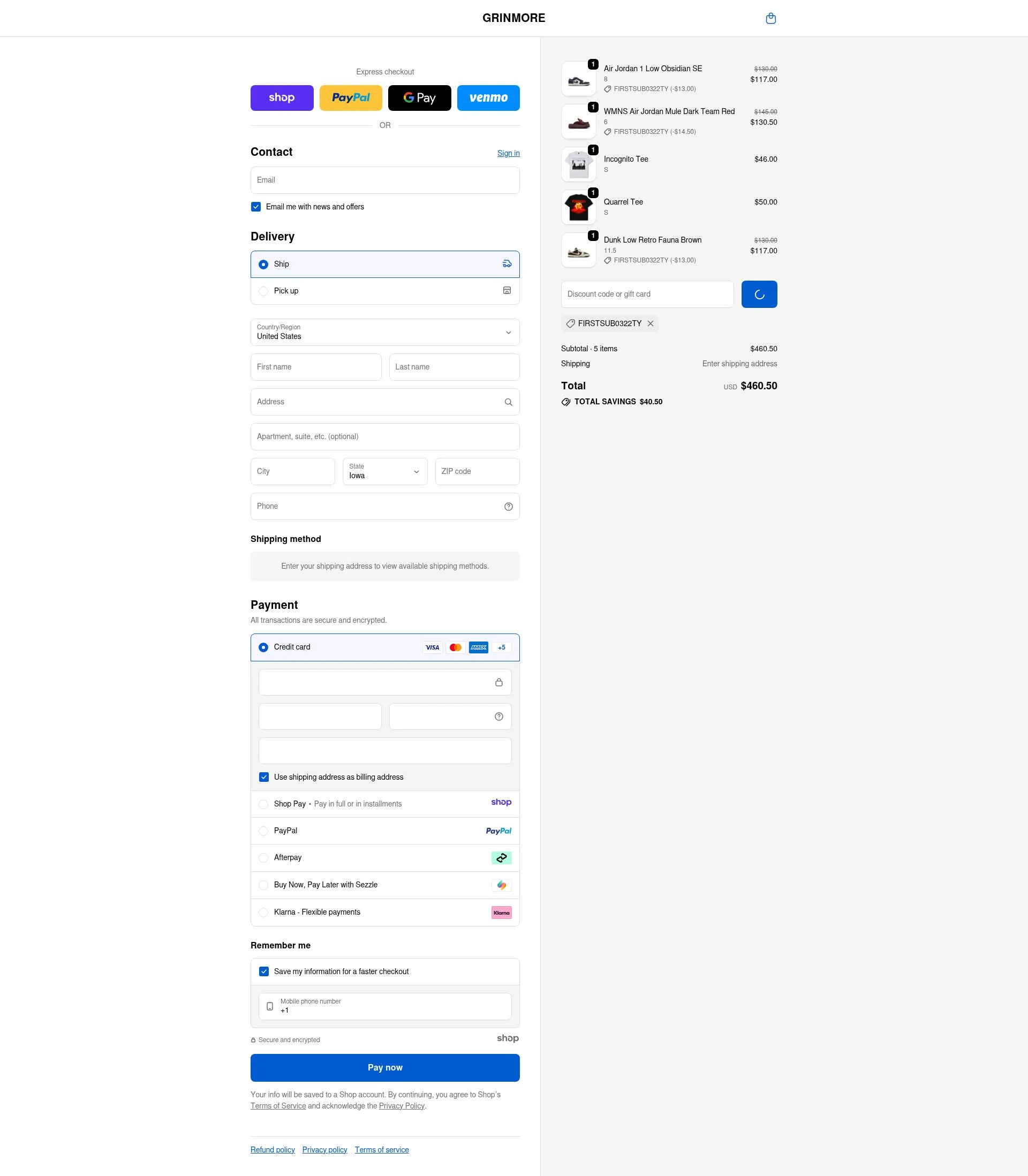 GRINMORE checkout page showing GRINMORE promo code box | Screenshot taken by SimplyCodes community member on Jan 2, 2026