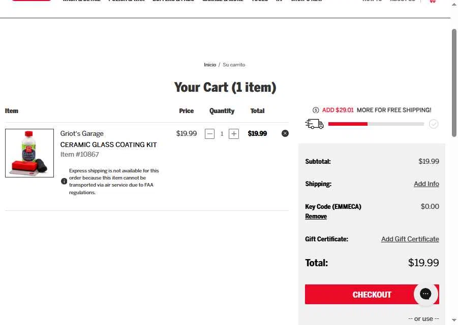 Griot's Garage checkout page showing Griot's Garage discount code box | Screenshot taken by SimplyCodes community member on Jan 6, 2026