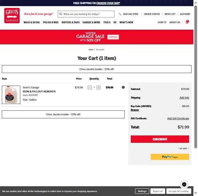 Griot's Garage checkout page showing Griot's Garage discount code box | Screenshot taken by SimplyCodes community member on Jan 10, 2026