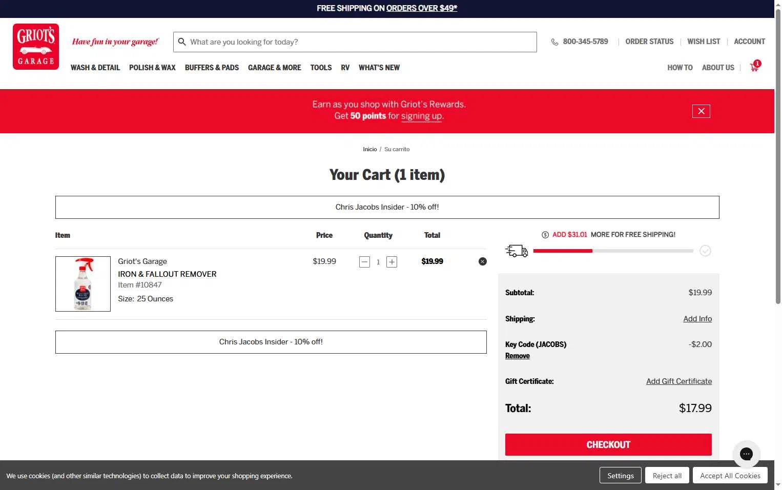 Griot's Garage checkout page showing Griot's Garage discount code box | Screenshot taken by SimplyCodes community member on Feb 8, 2026