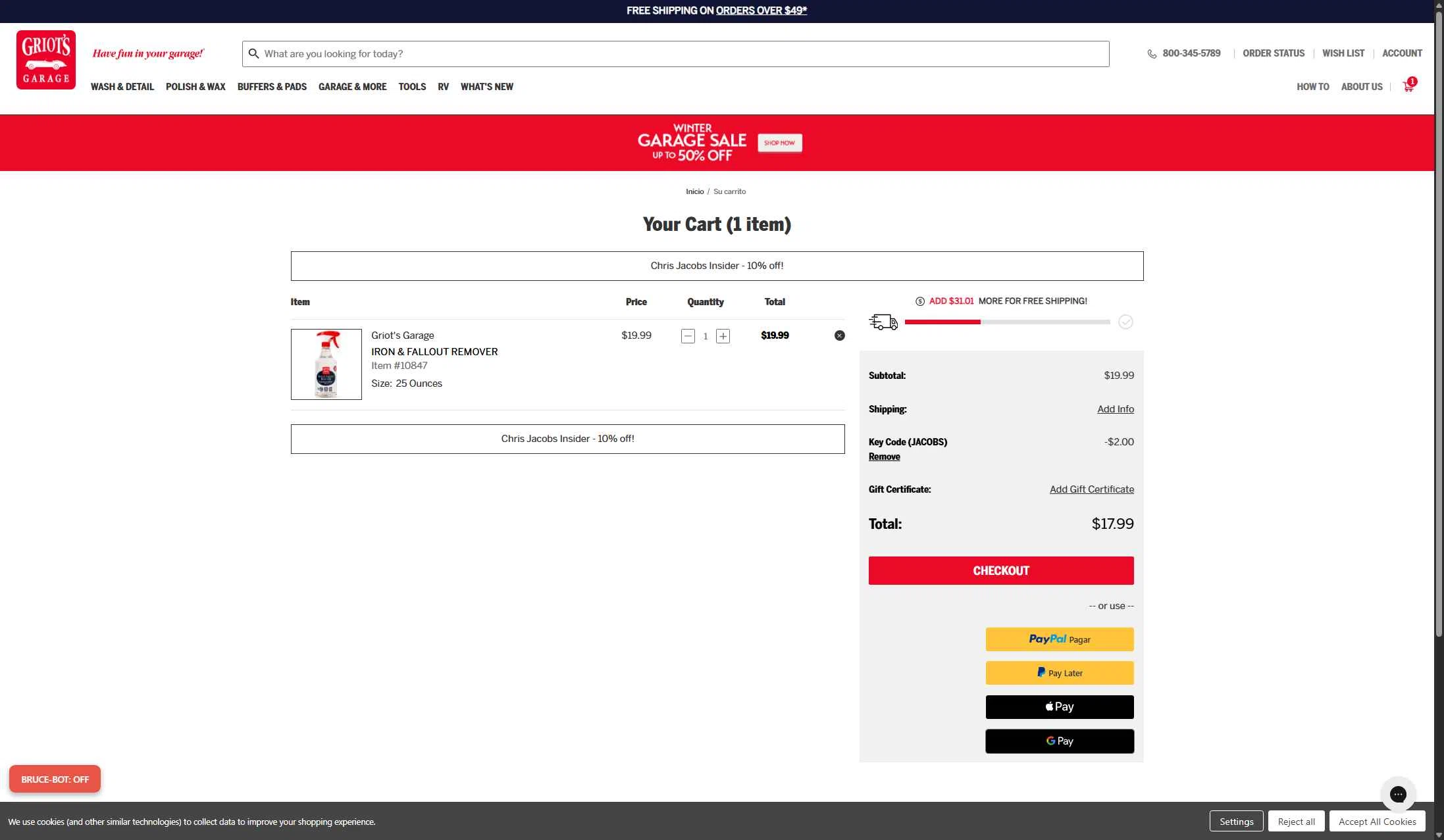 Griot's Garage checkout page showing Griot's Garage discount code box | Screenshot taken by SimplyCodes community member on Jan 10, 2026
