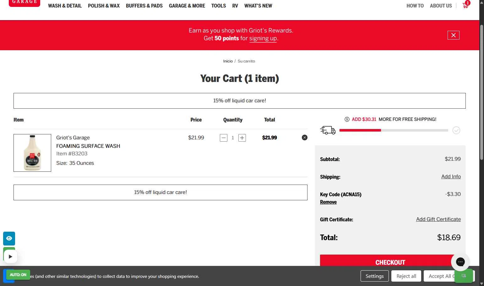 Griot's Garage checkout page showing Griot's Garage discount code box | Screenshot taken by SimplyCodes community member on Feb 15, 2026