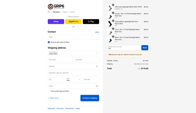 Grip6 checkout page showing Grip6 discount code box | Screenshot taken by SimplyCodes community member on Sep 4, 2025