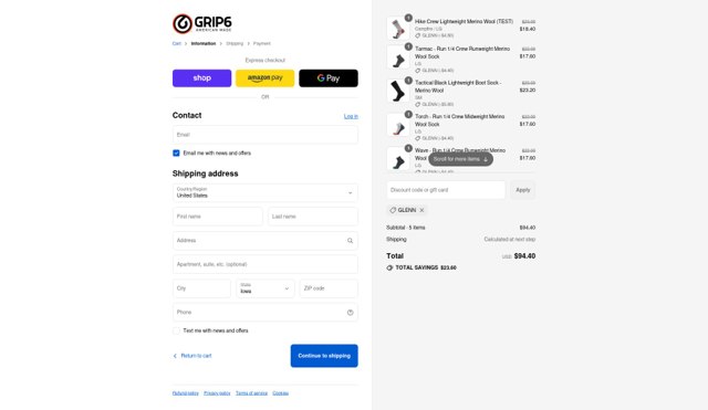 Grip6 checkout page showing Grip6 discount code box | Screenshot taken by SimplyCodes community member on Sep 4, 2025
