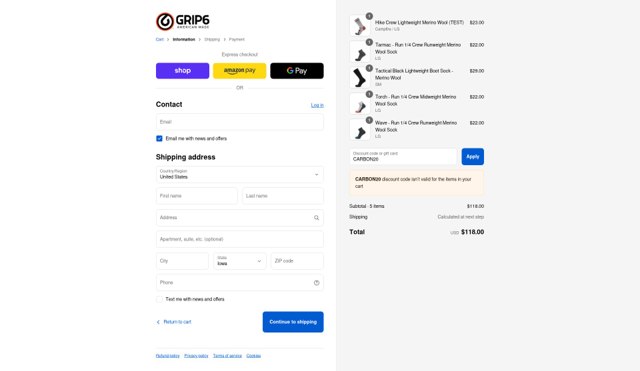 Grip6 checkout page showing Grip6 discount code box | Screenshot taken by SimplyCodes community member on Sep 4, 2025