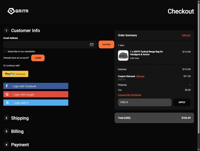 GRITR checkout page showing GRITR coupon code box | Screenshot taken by SimplyCodes community member on Aug 13, 2025