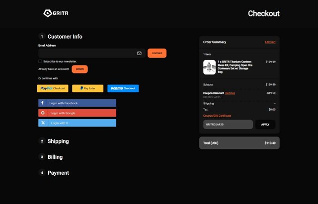 GRITR checkout page showing GRITR coupon code box | Screenshot taken by SimplyCodes community member on Aug 5, 2025