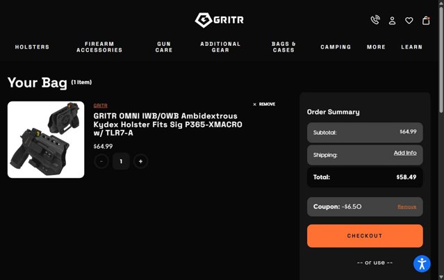 GRITR checkout page showing GRITR coupon code box | Screenshot taken by SimplyCodes community member on Jul 15, 2025