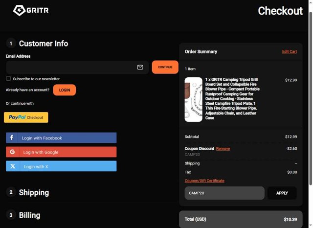 GRITR checkout page showing GRITR coupon code box | Screenshot taken by SimplyCodes community member on Aug 22, 2025