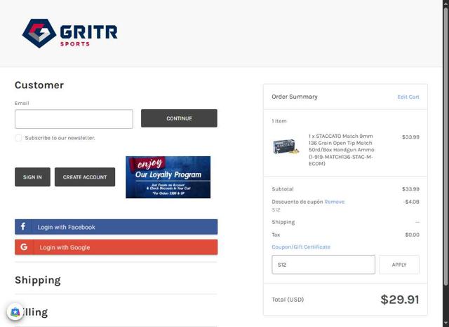 GritrSports checkout page showing GritrSports coupon code box | Screenshot taken by SimplyCodes community member on Sep 10, 2025