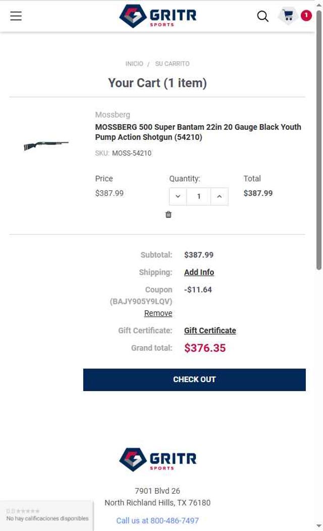 GritrSports checkout page showing GritrSports coupon code box | Screenshot taken by SimplyCodes community member on Aug 11, 2025