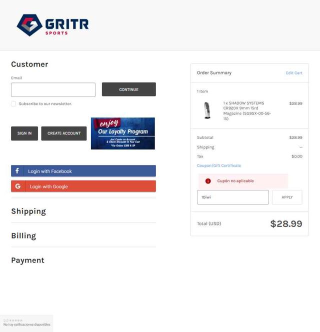 GritrSports checkout page showing GritrSports coupon code box | Screenshot taken by SimplyCodes community member on Aug 21, 2025