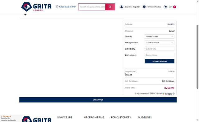 GritrSports checkout page showing GritrSports coupon code box | Screenshot taken by SimplyCodes community member on Sep 6, 2025