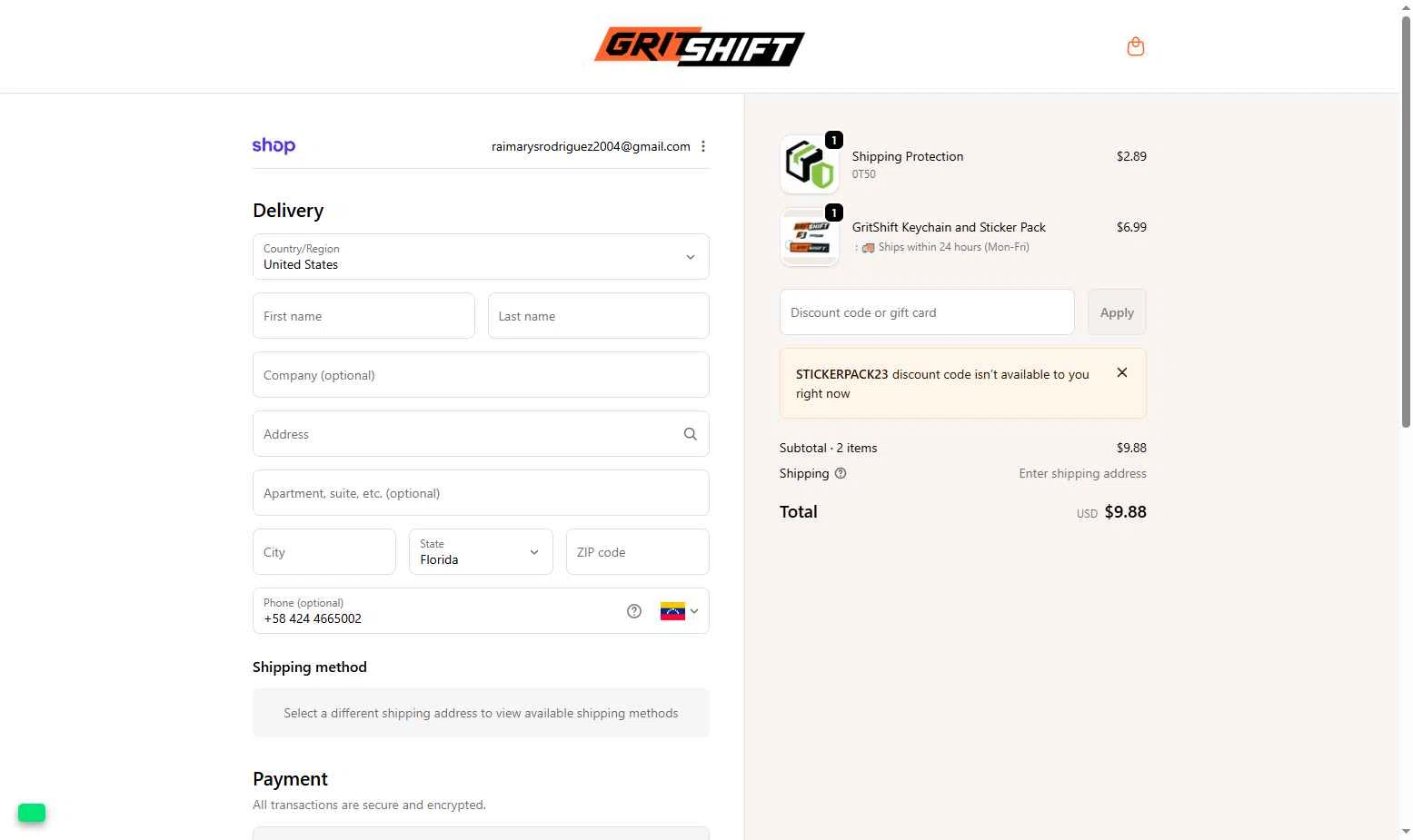 GritShift checkout page showing GritShift discount code box | Screenshot taken by SimplyCodes community member on Jan 6, 2026