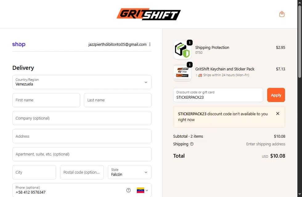 GritShift checkout page showing GritShift discount code box | Screenshot taken by SimplyCodes community member on Dec 8, 2025