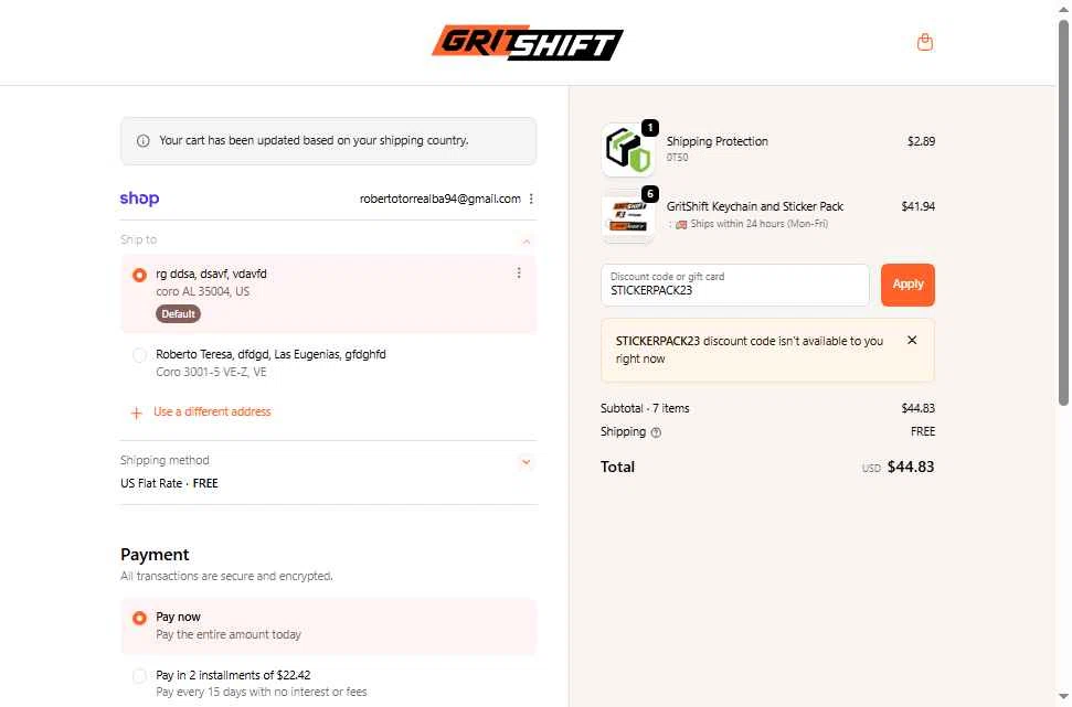 GritShift checkout page showing GritShift discount code box | Screenshot taken by SimplyCodes community member on Nov 10, 2025