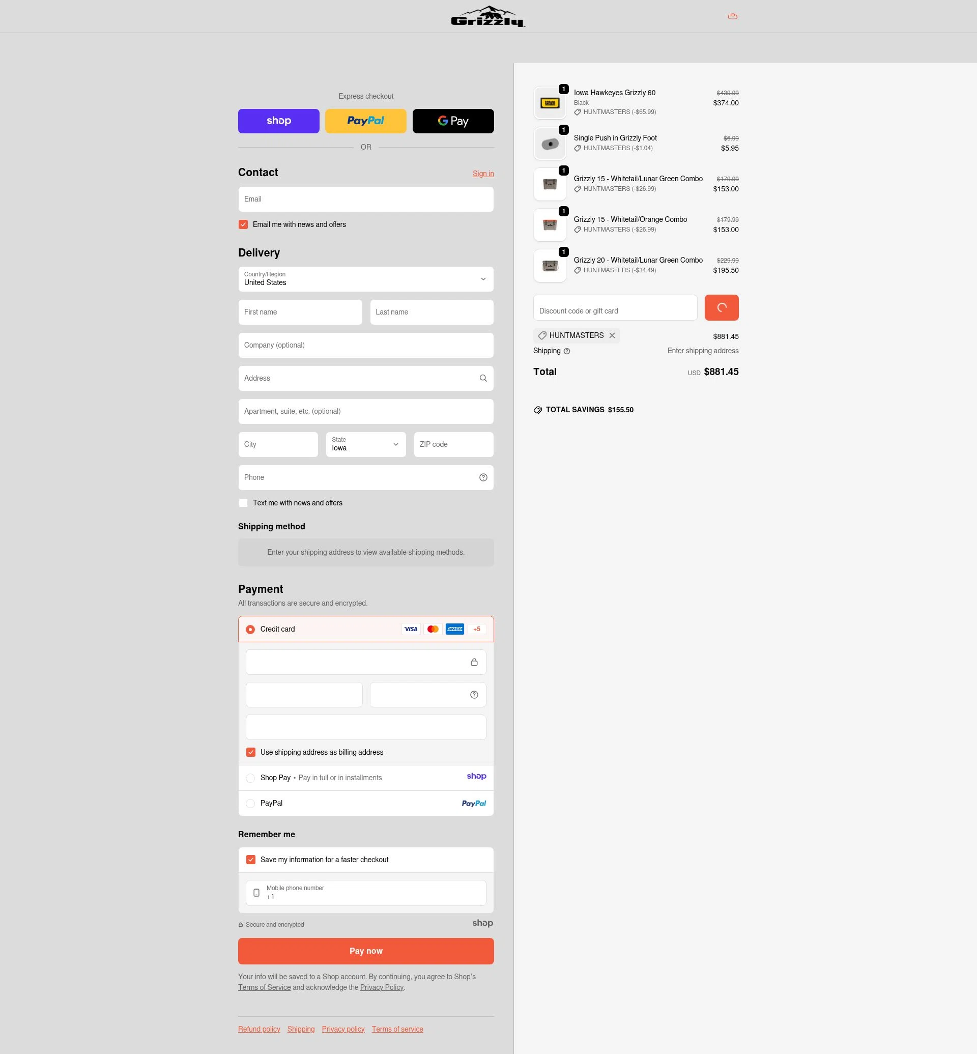 Grizzly Coolers checkout page showing Grizzly Coolers promo code box | Screenshot taken by SimplyCodes community member on Jan 5, 2026