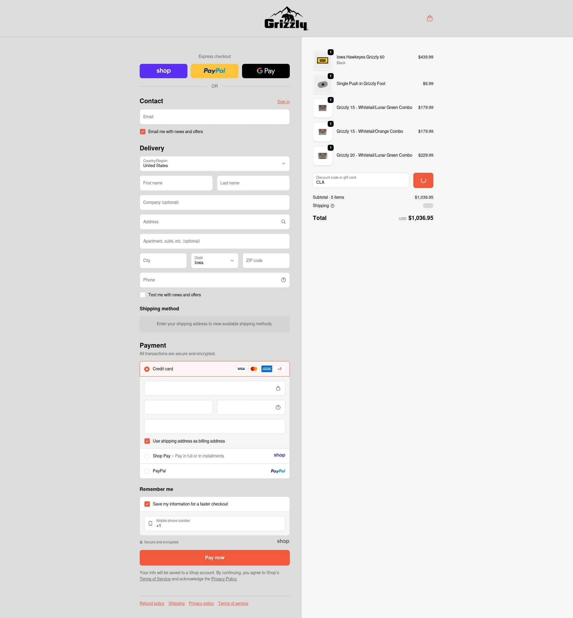 Grizzly Coolers checkout page showing Grizzly Coolers promo code box | Screenshot taken by SimplyCodes community member on Jan 6, 2026