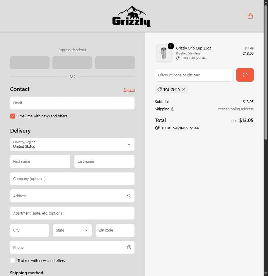 Grizzly Coolers checkout page showing Grizzly Coolers promo code box | Screenshot taken by SimplyCodes community member on Jan 1, 2026