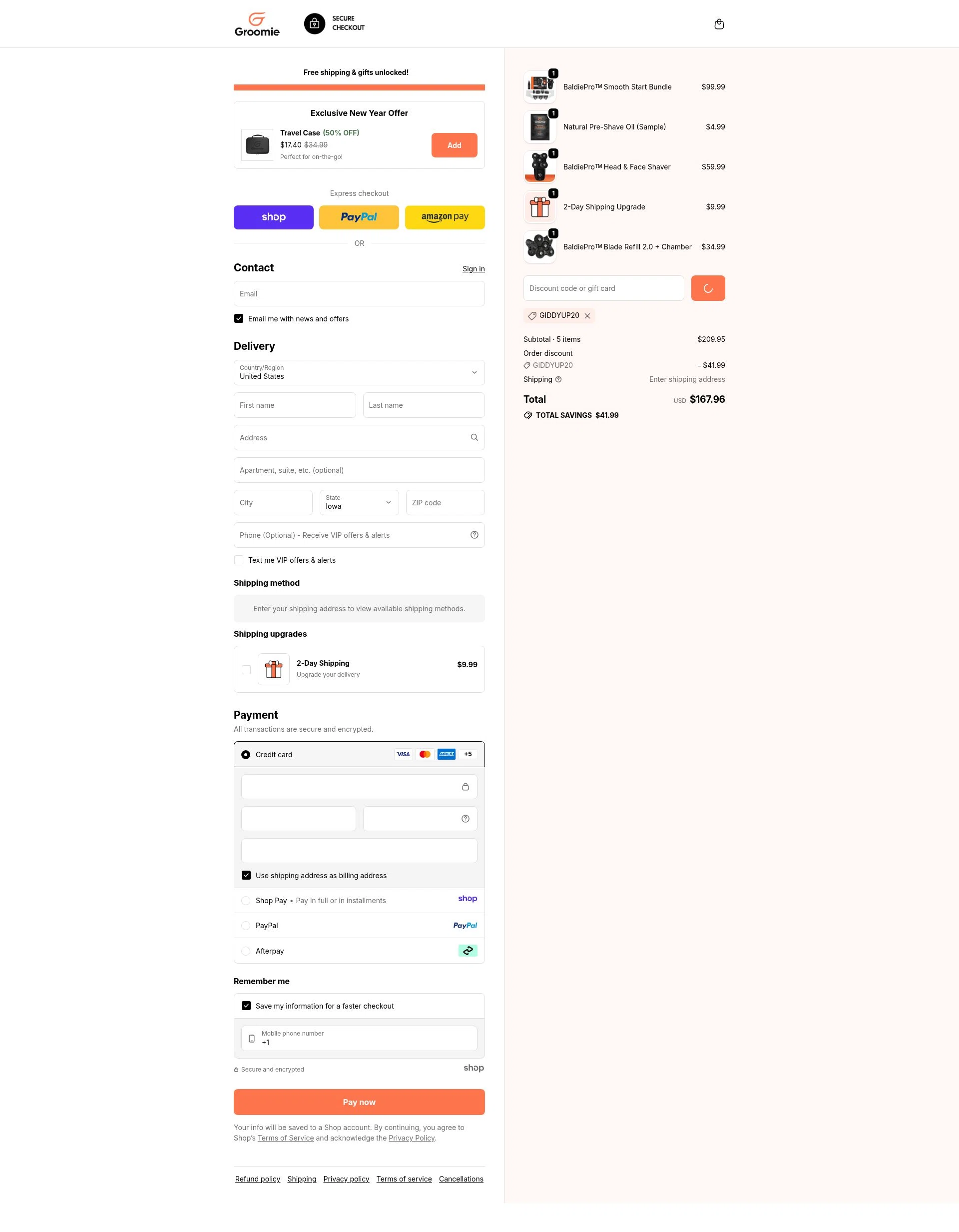 Groomie Club checkout page showing Groomie Club promo code box | Screenshot taken by SimplyCodes community member on Jan 8, 2026