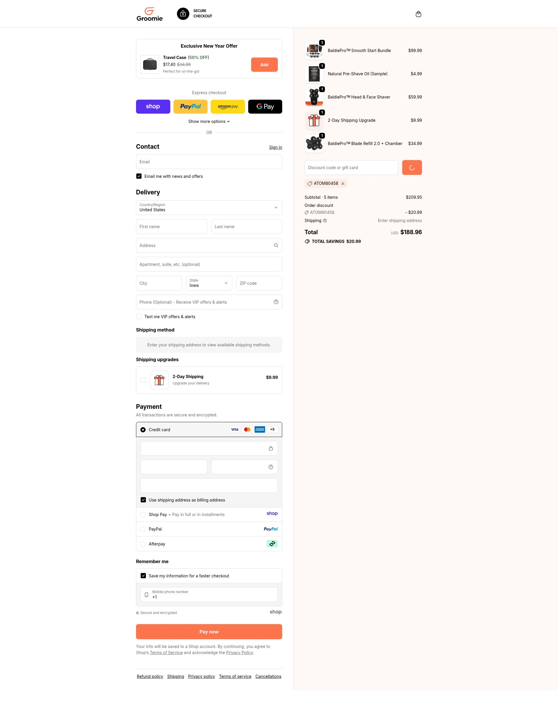 Groomie Club checkout page showing Groomie Club promo code box | Screenshot taken by SimplyCodes community member on Jan 3, 2026