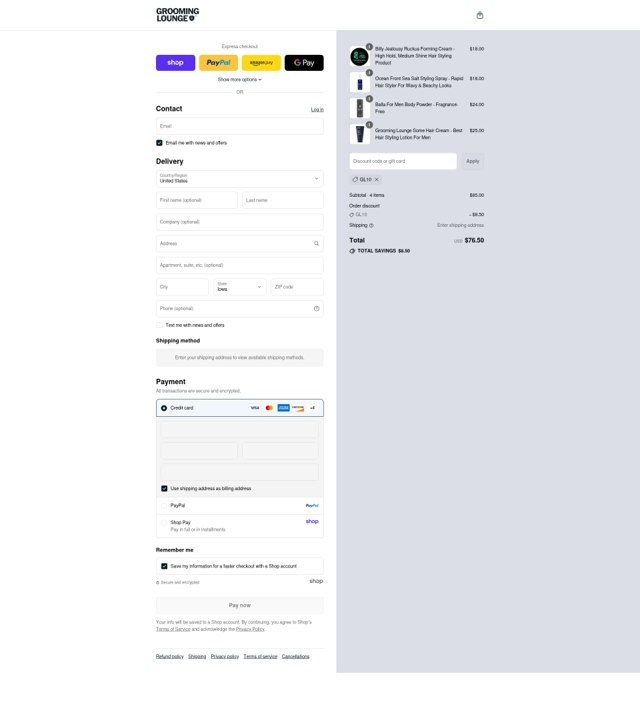 Grooming Lounge checkout page showing Grooming Lounge promo code box | Screenshot taken by SimplyCodes community member on Sep 4, 2025