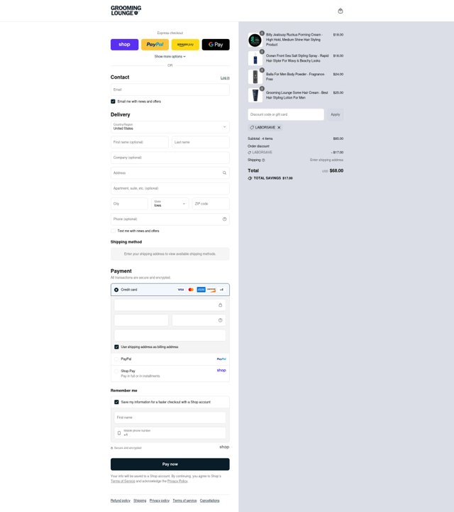 Grooming Lounge checkout page showing Grooming Lounge promo code box | Screenshot taken by SimplyCodes community member on Sep 4, 2025