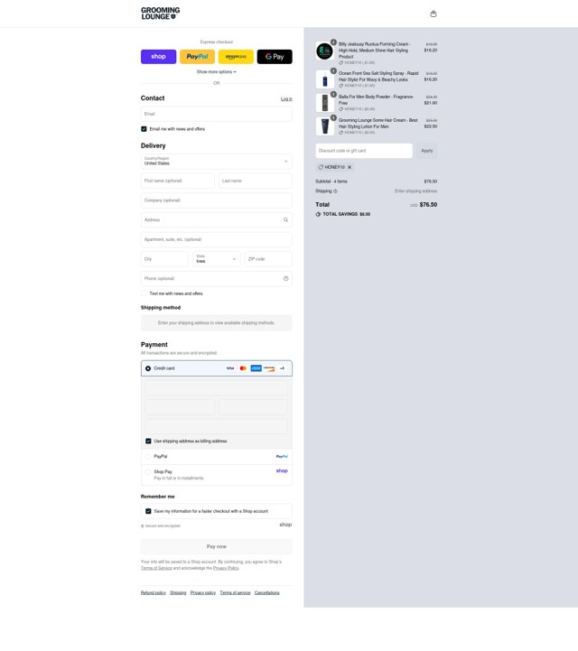 Grooming Lounge checkout page showing Grooming Lounge promo code box | Screenshot taken by SimplyCodes community member on Sep 4, 2025