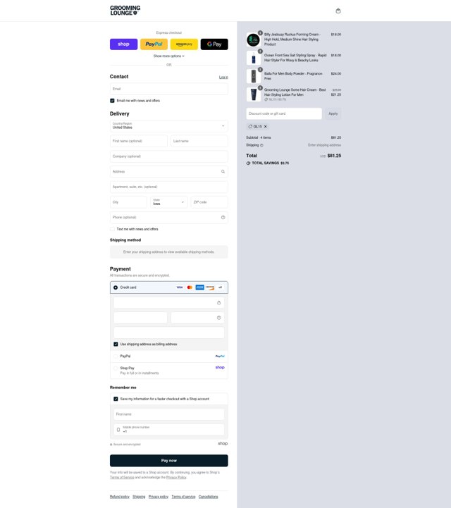 Grooming Lounge checkout page showing Grooming Lounge promo code box | Screenshot taken by SimplyCodes community member on Sep 4, 2025