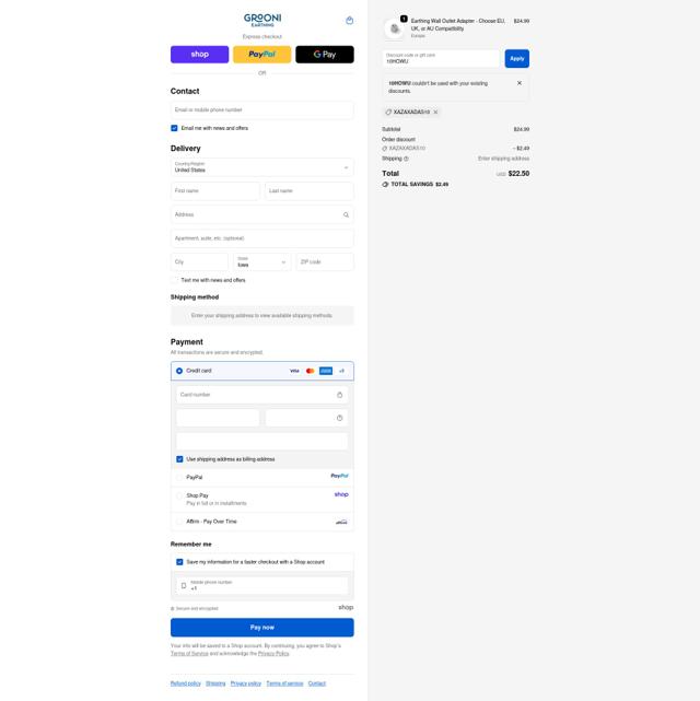 Grooni Earthing checkout page showing Grooni Earthing discount code box | Screenshot taken by SimplyCodes community member on Oct 3, 2025