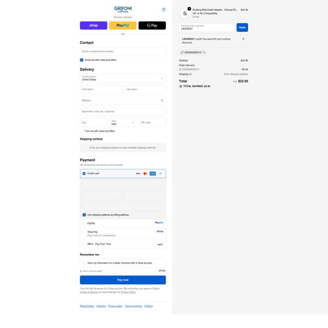 Grooni Earthing checkout page showing Grooni Earthing discount code box | Screenshot taken by SimplyCodes community member on Oct 3, 2025