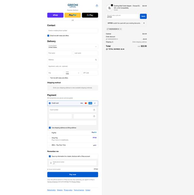 Grooni Earthing checkout page showing Grooni Earthing discount code box | Screenshot taken by SimplyCodes community member on Oct 3, 2025