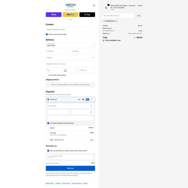 Grooni Earthing checkout page showing Grooni Earthing discount code box | Screenshot taken by SimplyCodes community member on Oct 3, 2025