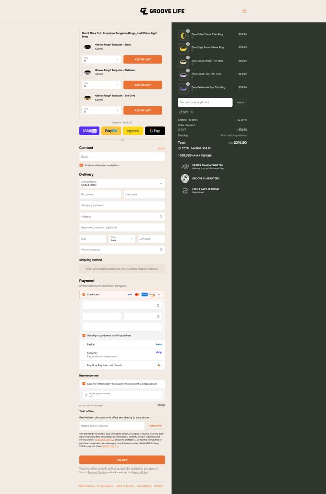 Groove Life checkout page showing Groove Life discount code box | Screenshot taken by SimplyCodes community member on Aug 27, 2025