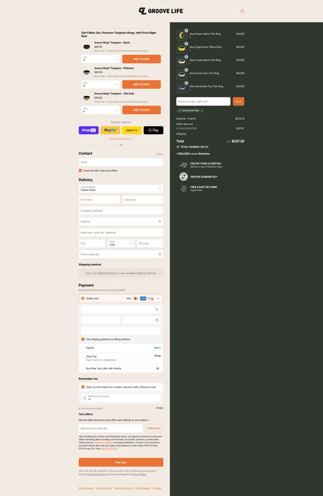 Groove Life checkout page showing Groove Life discount code box | Screenshot taken by SimplyCodes community member on Aug 27, 2025