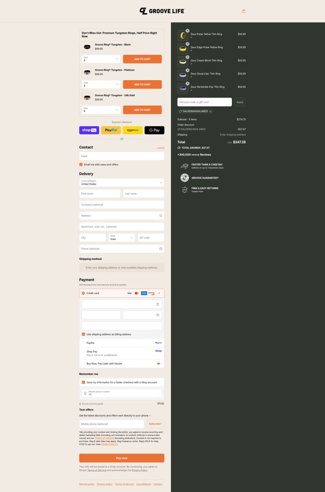 Groove Life checkout page showing Groove Life discount code box | Screenshot taken by SimplyCodes community member on Aug 27, 2025