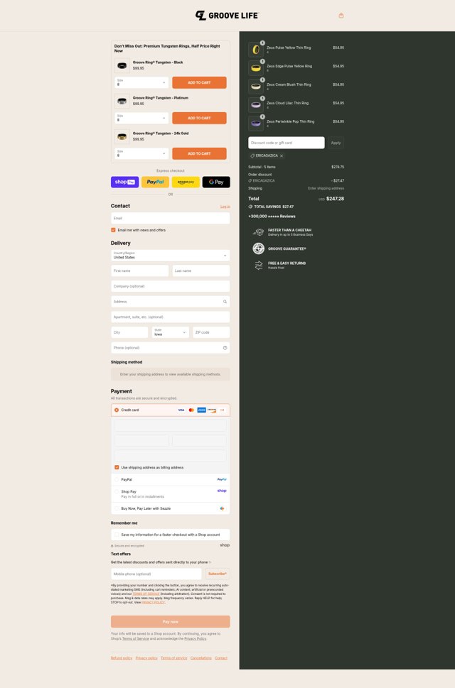 Groove Life checkout page showing Groove Life discount code box | Screenshot taken by SimplyCodes community member on Aug 27, 2025