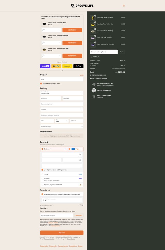 Groove Life checkout page showing Groove Life discount code box | Screenshot taken by SimplyCodes community member on Aug 27, 2025