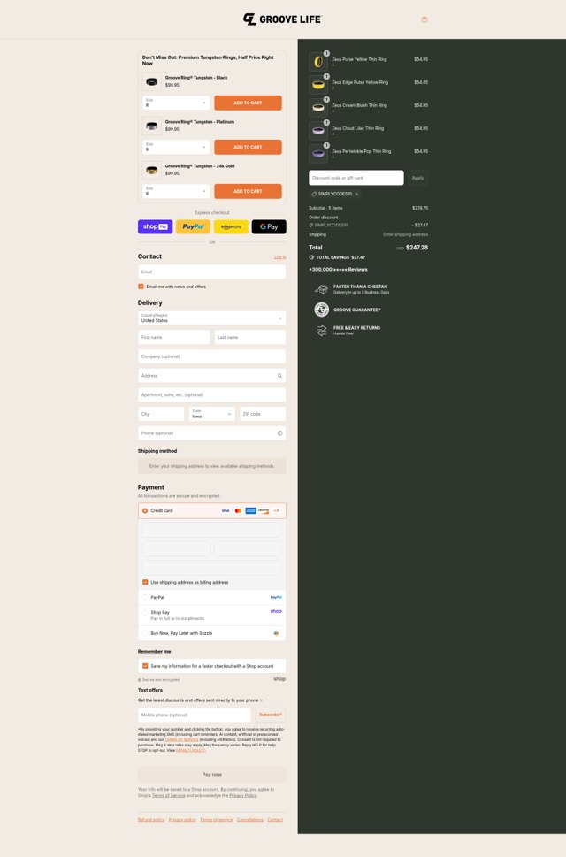 Groove Life checkout page showing Groove Life discount code box | Screenshot taken by SimplyCodes community member on Aug 27, 2025