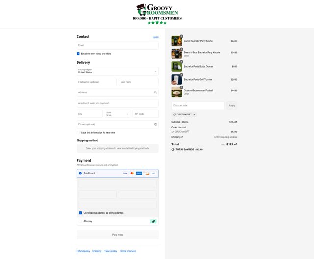 Groovy Groomsmen Gifts checkout page showing Groovy Groomsmen Gifts discount code box | Screenshot taken by SimplyCodes community member on Sep 8, 2025